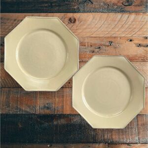 Costa Nova Fine Stoneware Pearl Cream Octagonal Beaded Rim 11” Dinner Plates (2)